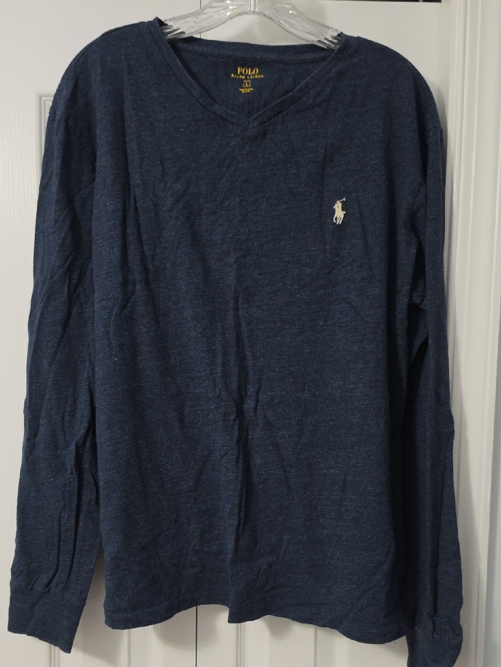 Ralph Lauren Navy V-Neck Tee with Yellow Logo Print